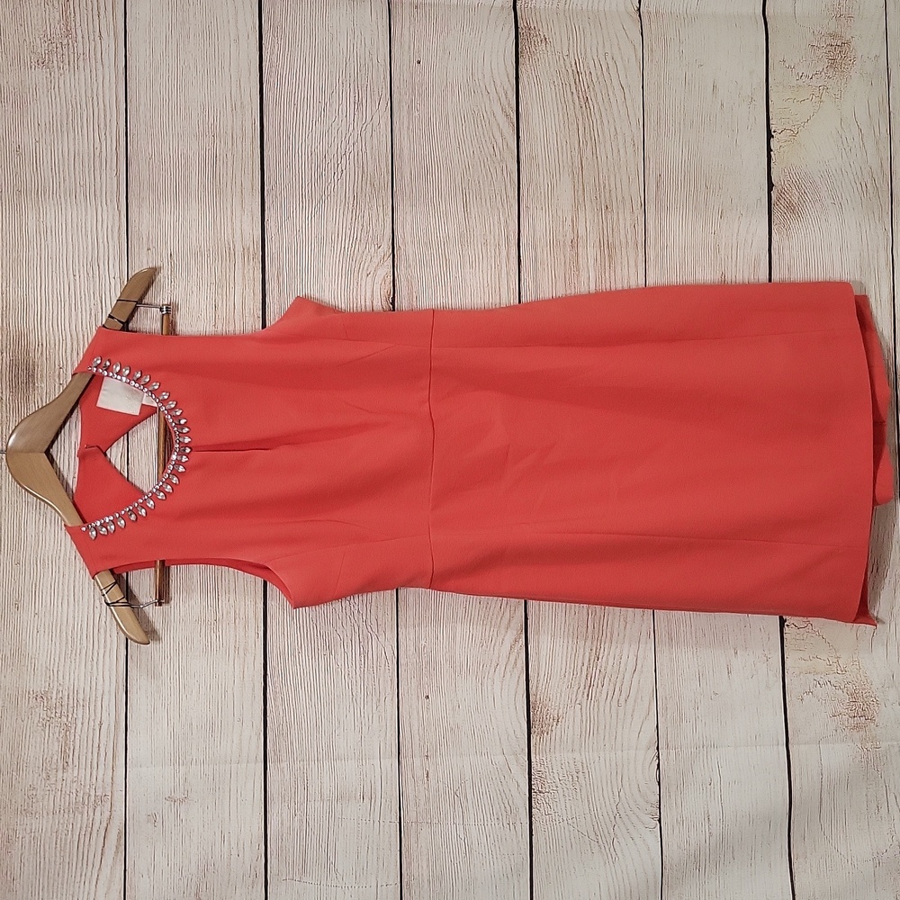 McGinn Coral Orange Sleeveless Jeweled Neckline Midi Cocktail Dress 8